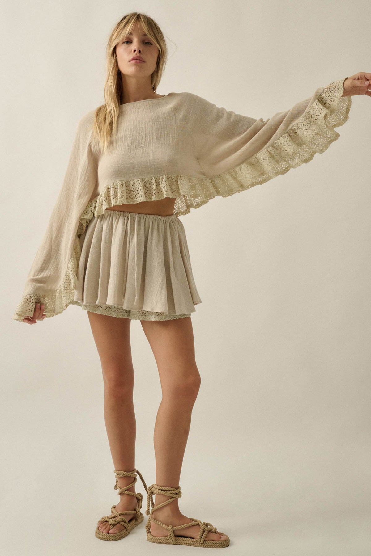Free Yourself Cotton Gauze and Lace Ruffle Skort