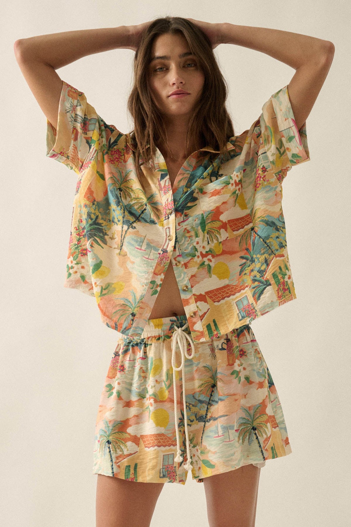 Caribbean Dream Tropical-Print Drawstring Shorts
