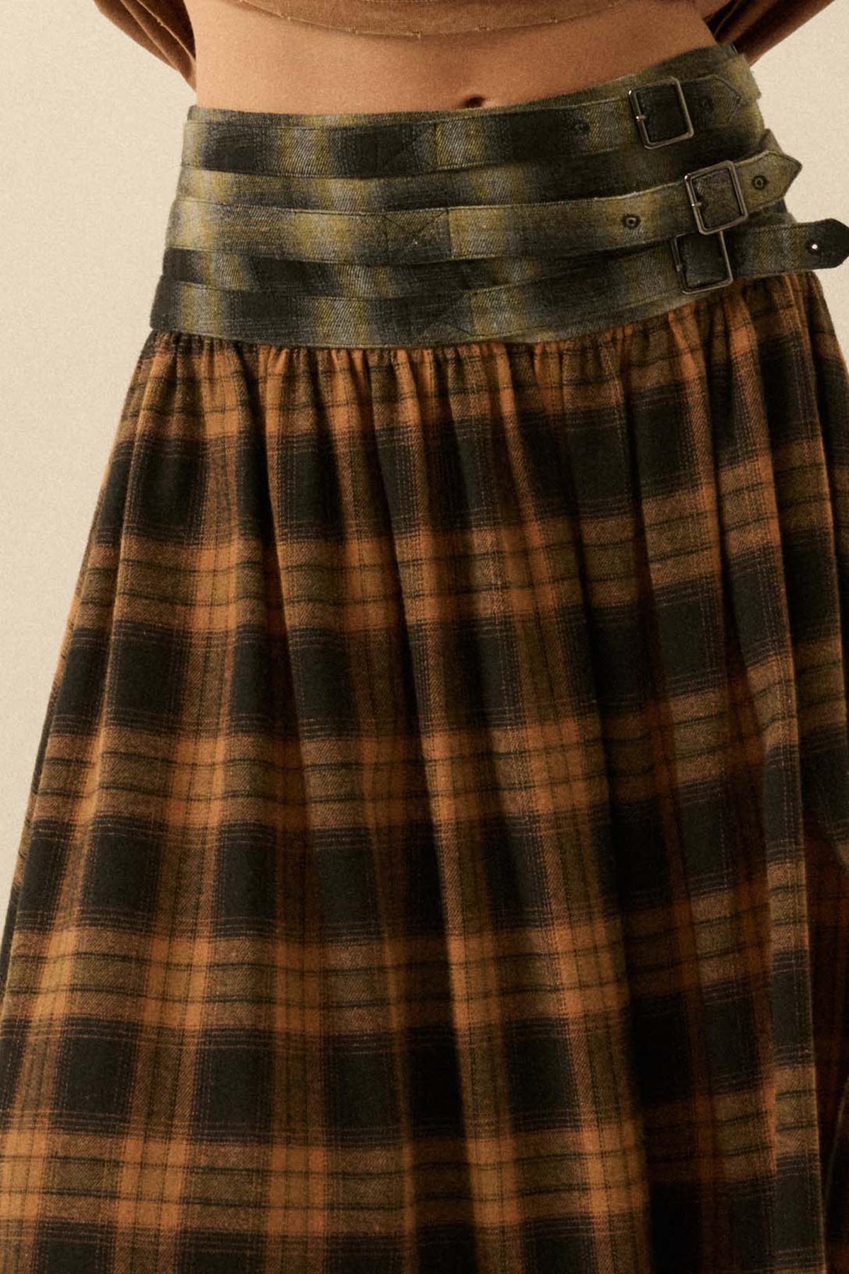 Checkered Past Belted Drop-Waist Plaid Maxi Skirt