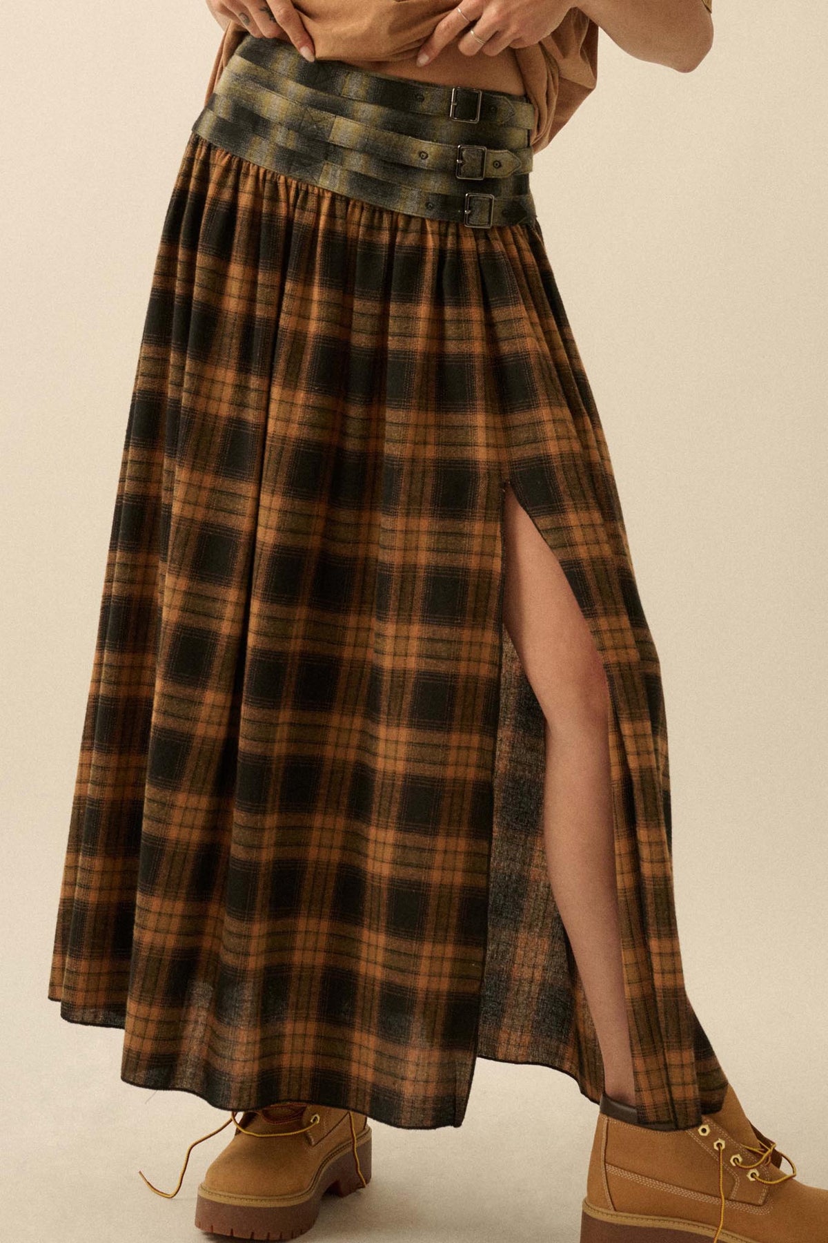 Checkered Past Belted Drop-Waist Plaid Maxi Skirt