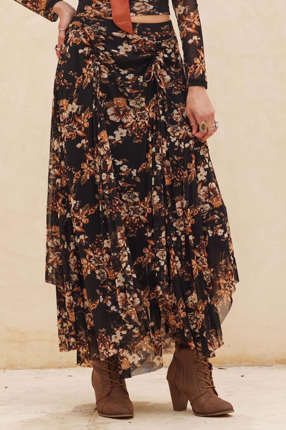 Forgotten Garden Floral Mesh Ruched Maxi Skirt