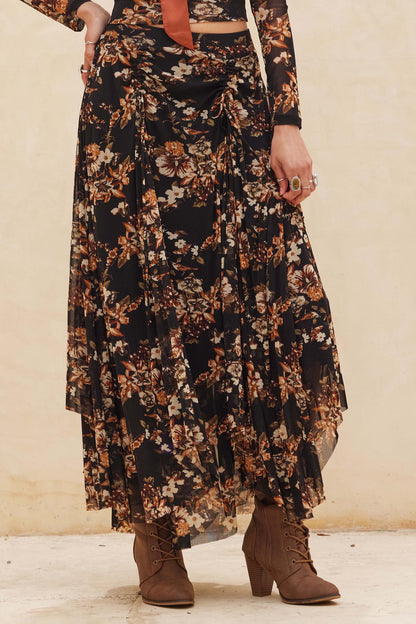 Forgotten Garden Floral Mesh Ruched Maxi Skirt