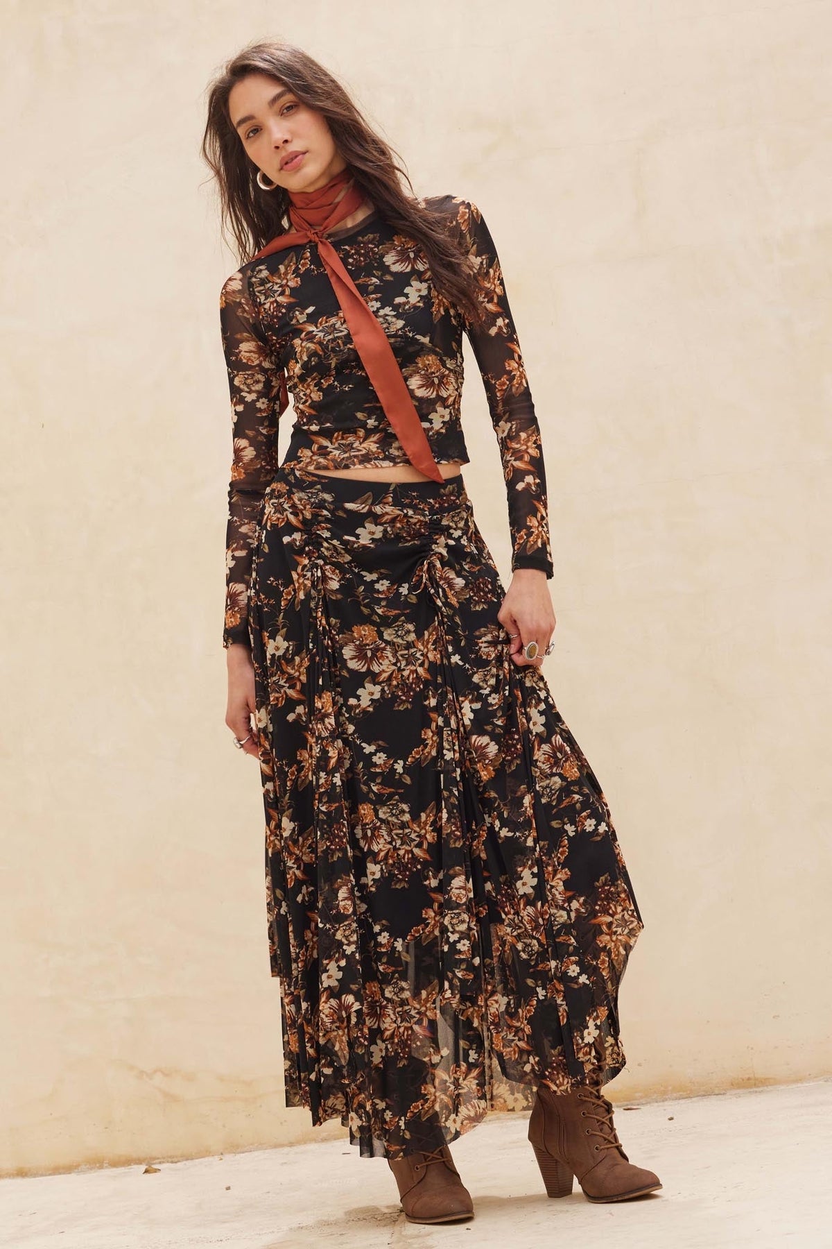 Forgotten Garden Floral Mesh Ruched Maxi Skirt
