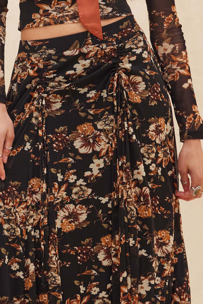 Forgotten Garden Floral Mesh Ruched Maxi Skirt