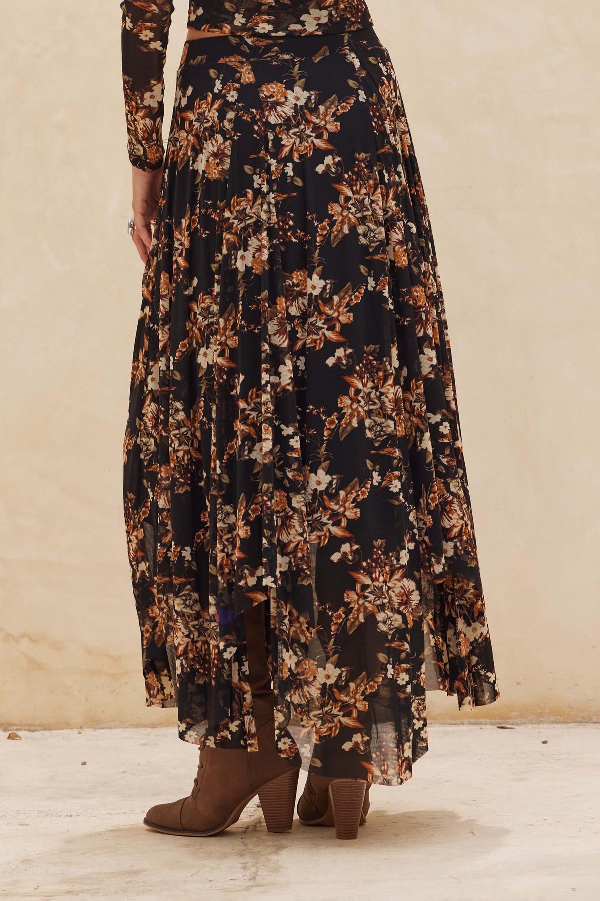 Forgotten Garden Floral Mesh Ruched Maxi Skirt