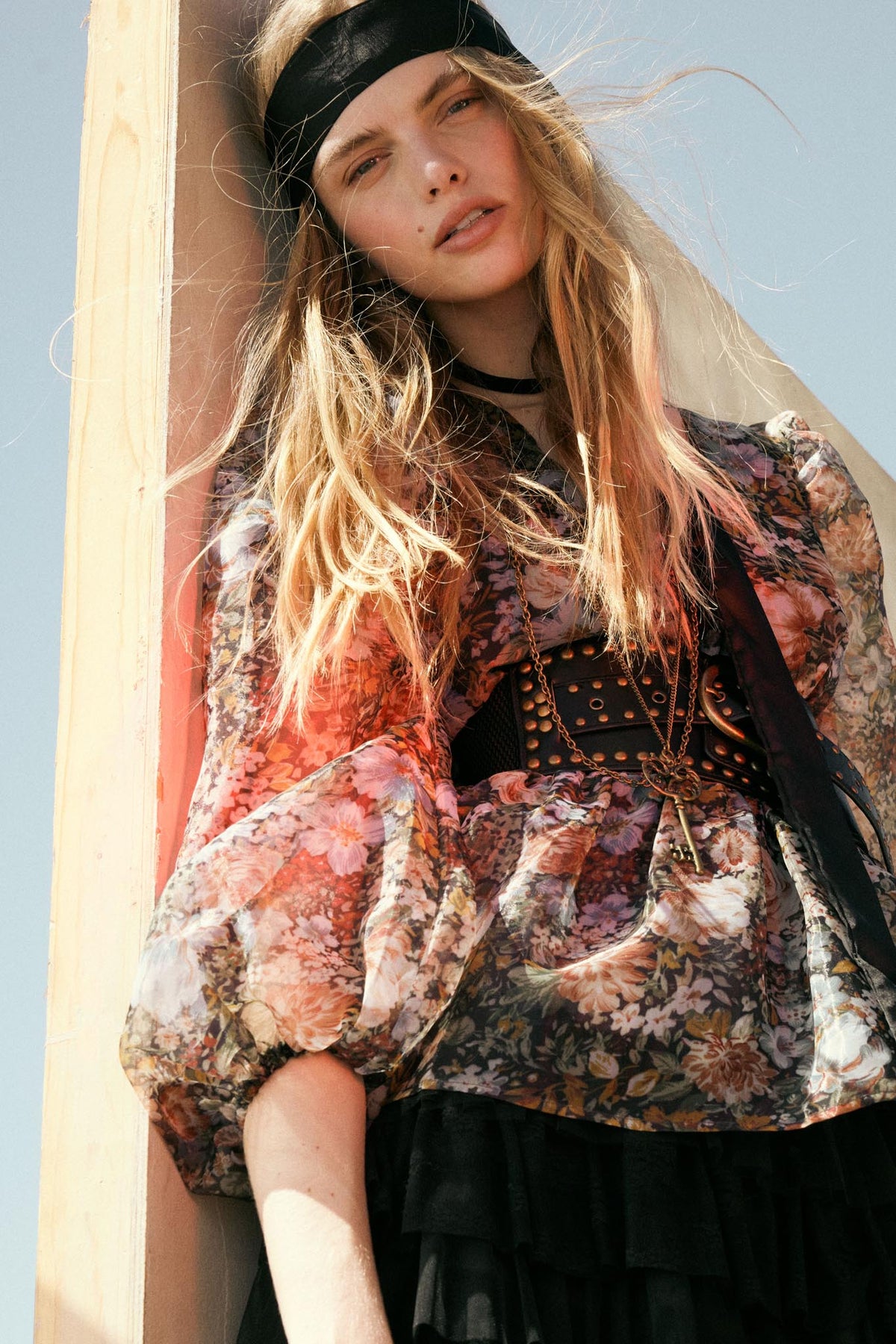 Harvest Blossoms Floral Organza Peplum Peasant Top