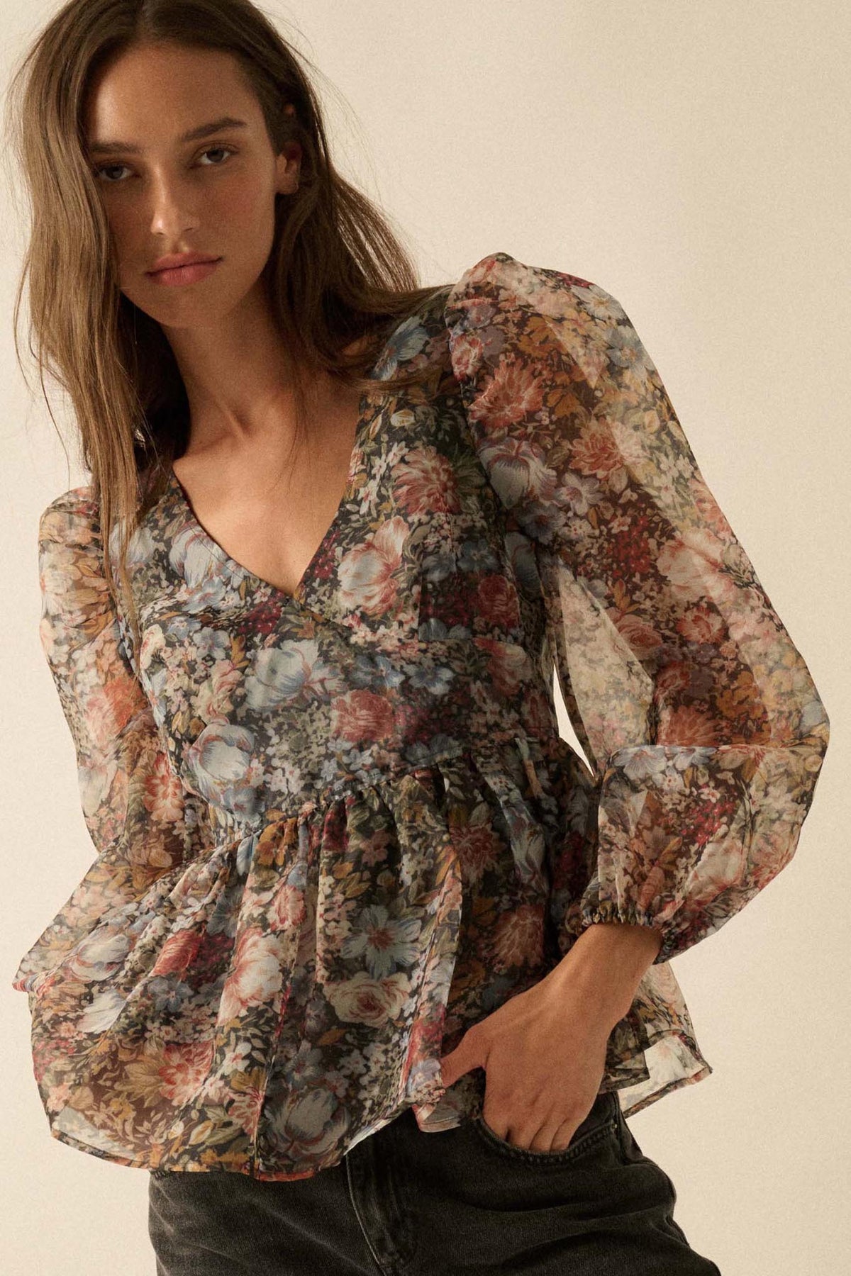 Harvest Blossoms Floral Organza Peplum Peasant Top