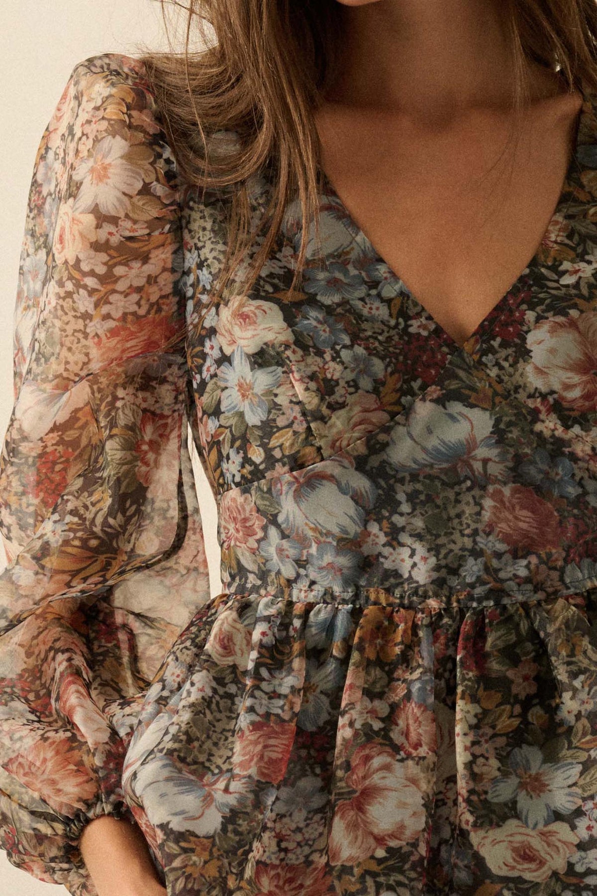 Harvest Blossoms Floral Organza Peplum Peasant Top