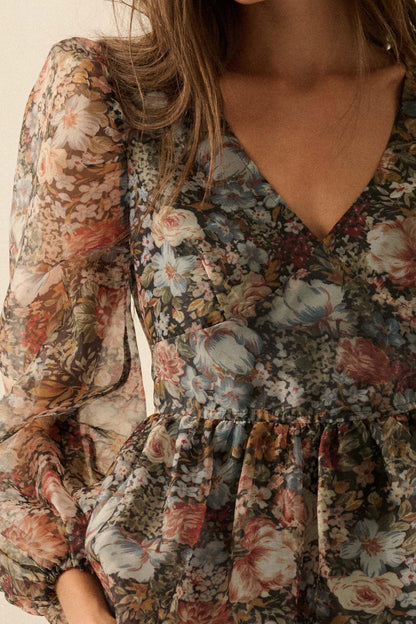 Harvest Blossoms Floral Organza Peplum Peasant Top