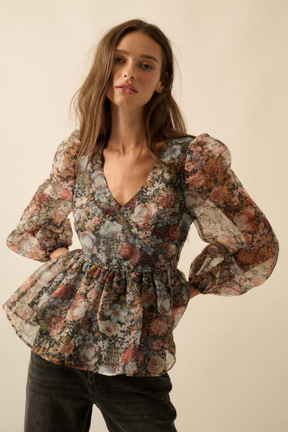 Harvest Blossoms Floral Organza Peplum Peasant Top