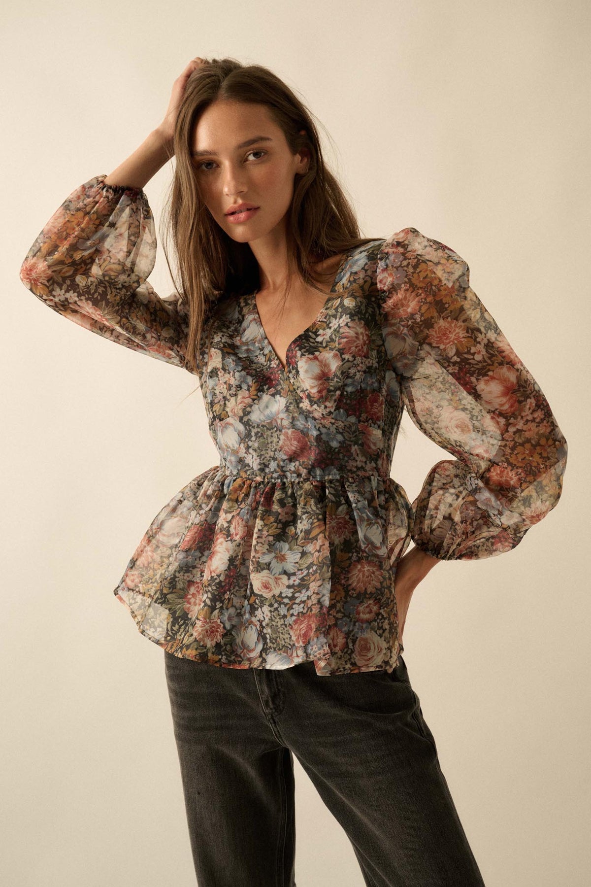 Harvest Blossoms Floral Organza Peplum Peasant Top