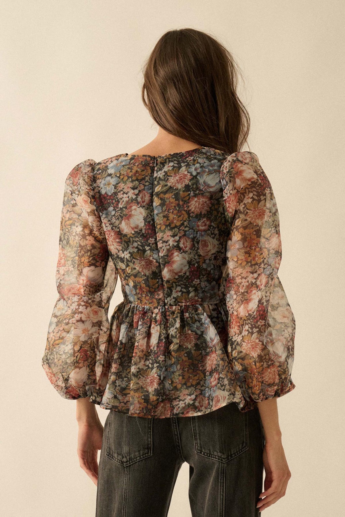 Harvest Blossoms Floral Organza Peplum Peasant Top