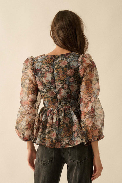 Harvest Blossoms Floral Organza Peplum Peasant Top