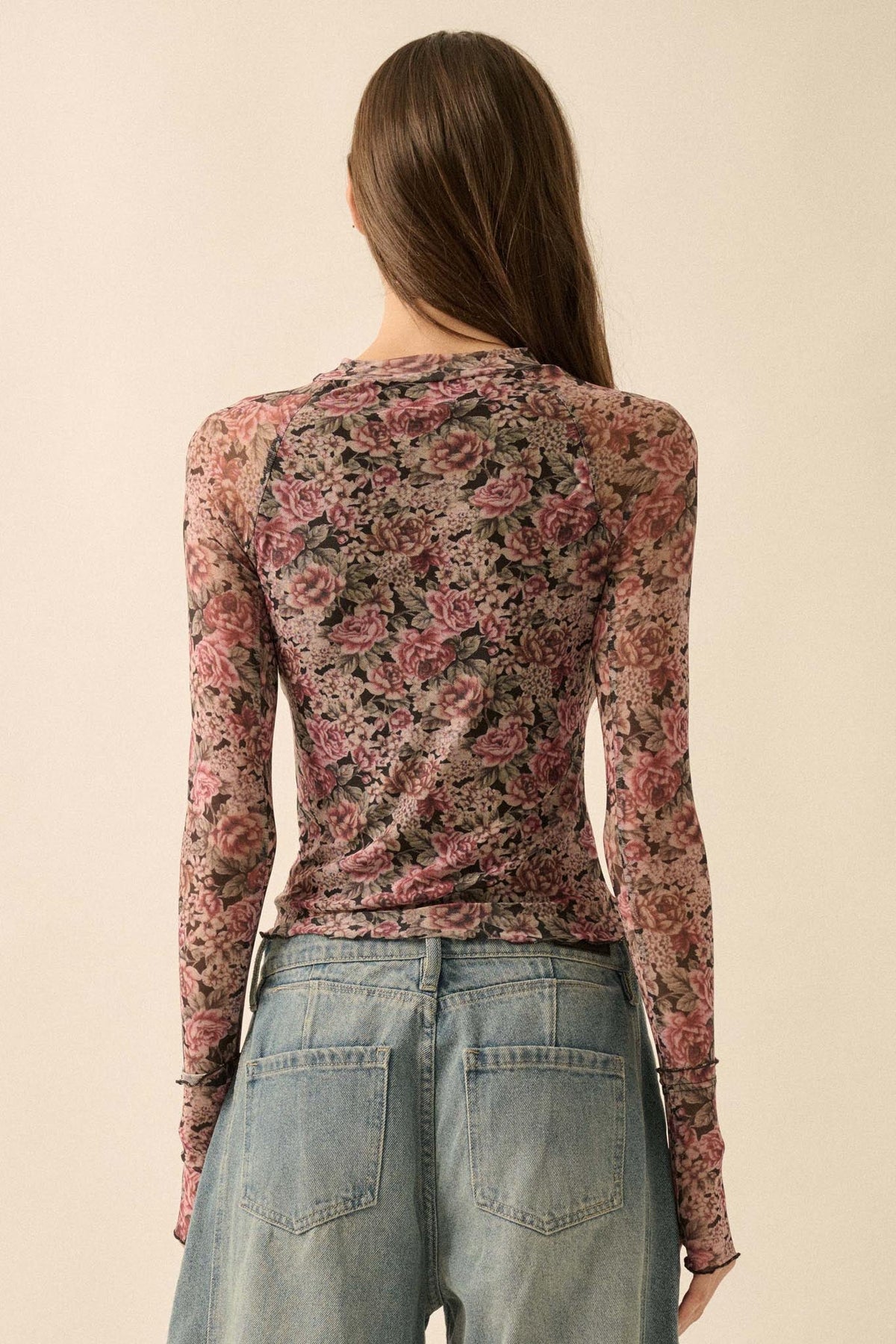 Bed of Roses Floral Mesh Mock-Neck Thumbhole Top