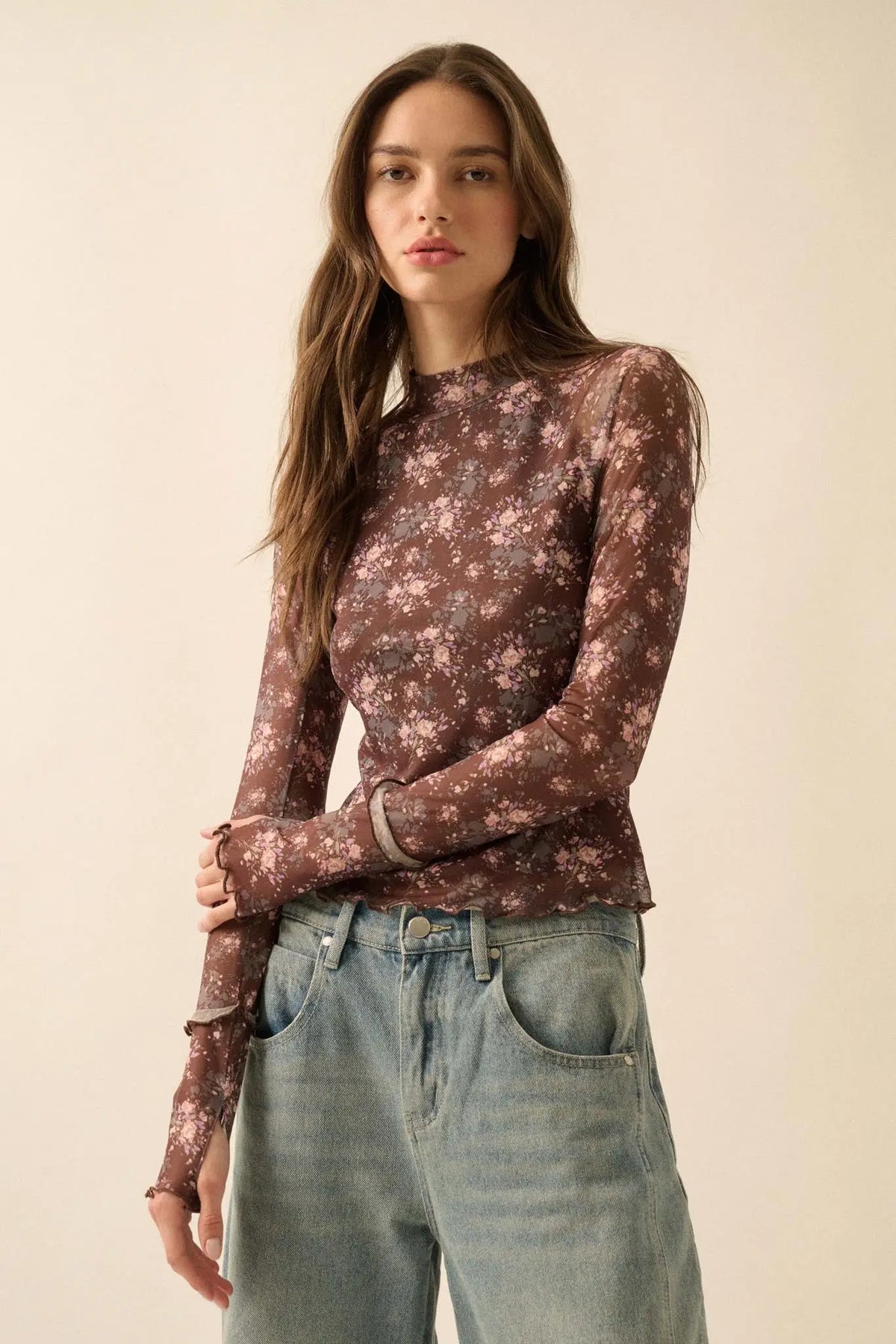 Full Flower Floral Mesh Mock-Neck Thumbhole Top