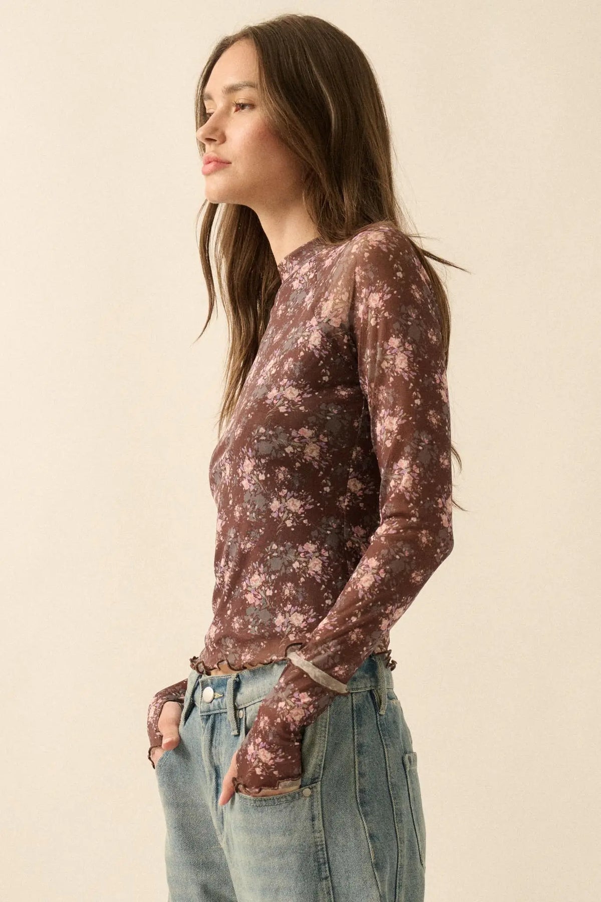 Full Flower Floral Mesh Mock-Neck Thumbhole Top