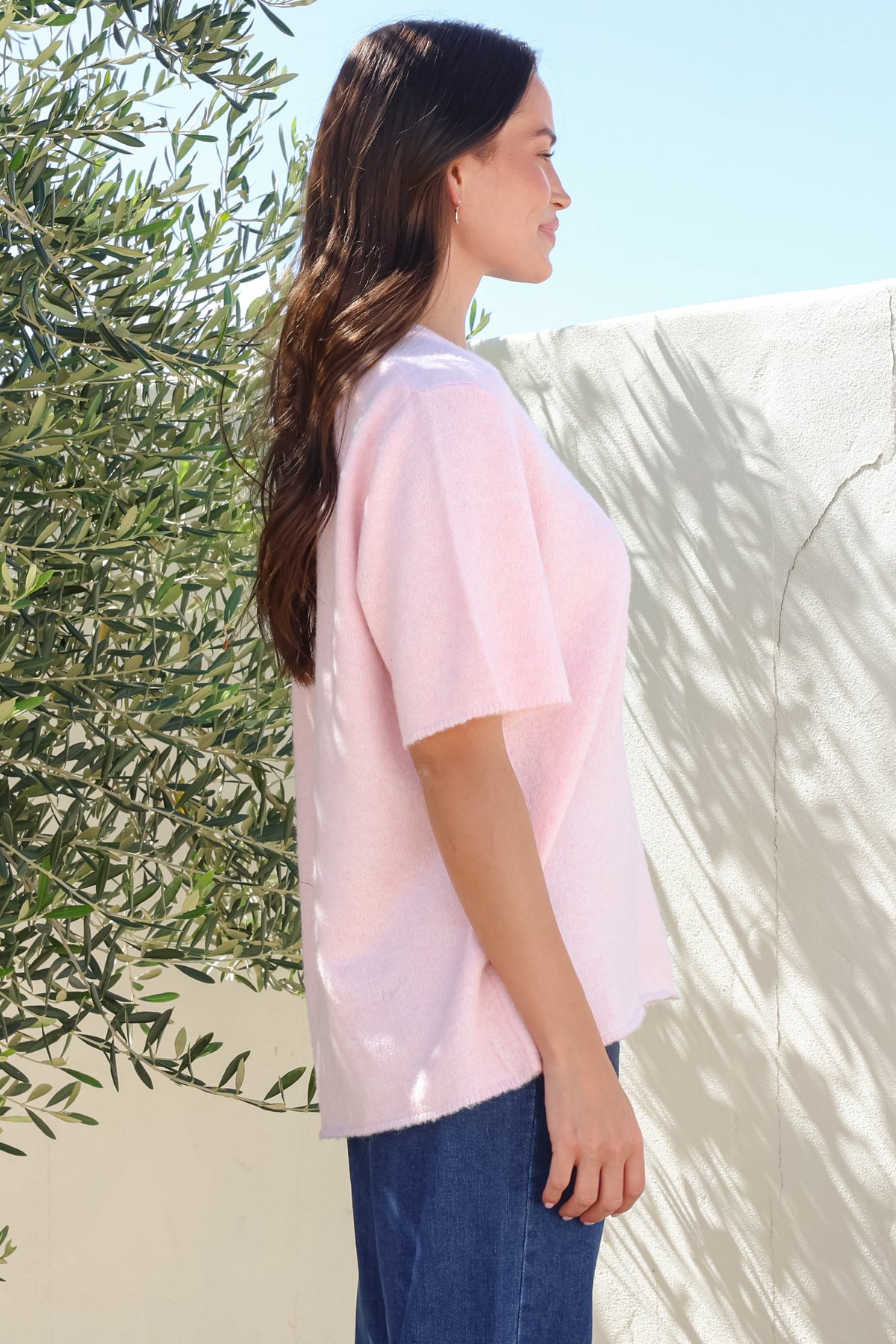 Fable Knit Top - Crew Neck Relaxed Super Soft Knit Tee in Pink