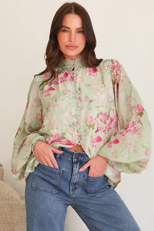 Faye Blouse - Mandarin Collar Balloon Sleeve Button Down Shirt in Rosemarie Print