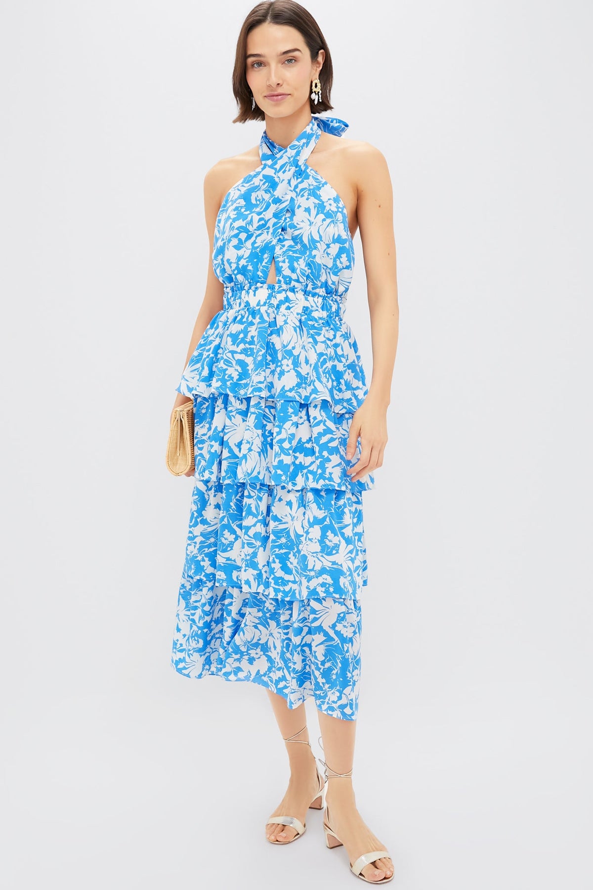 Blue & White Floral Halter Neck Jenny Midi Dress