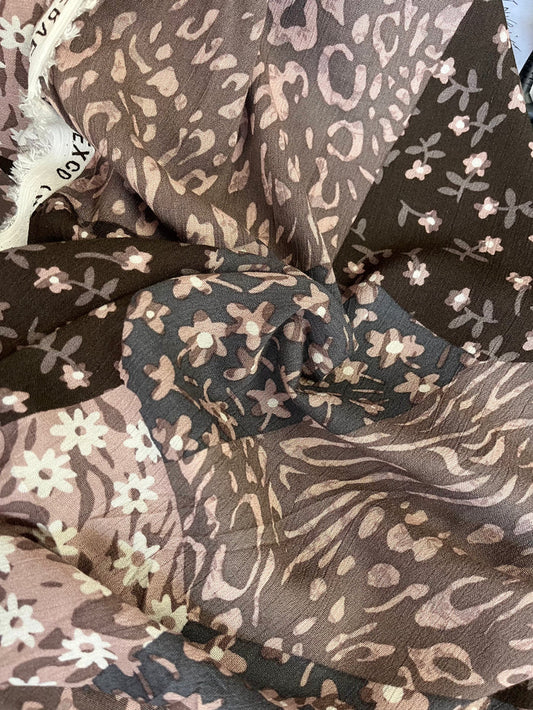 Cotton Crépon - Patchwork Print - Pink, Brown & Off-White