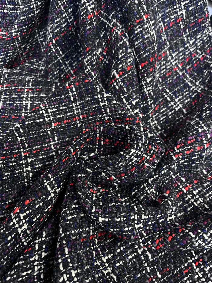 Poly Rayon Woven Boucle - Charcoal, Red, Blue Purple & White