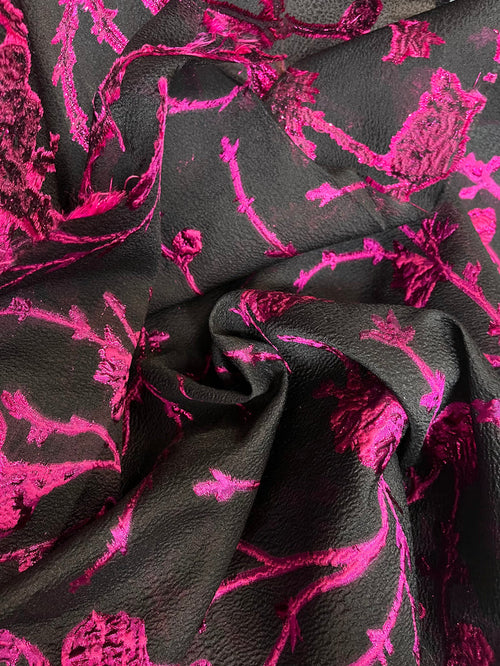 Designer Italian Floral Textured Brocade - Black & Fushia Lurex