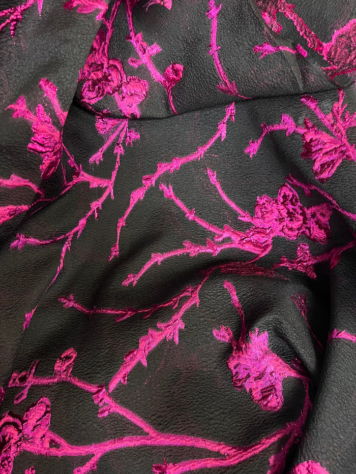Designer Italian Floral Textured Brocade - Black & Fushia Lurex