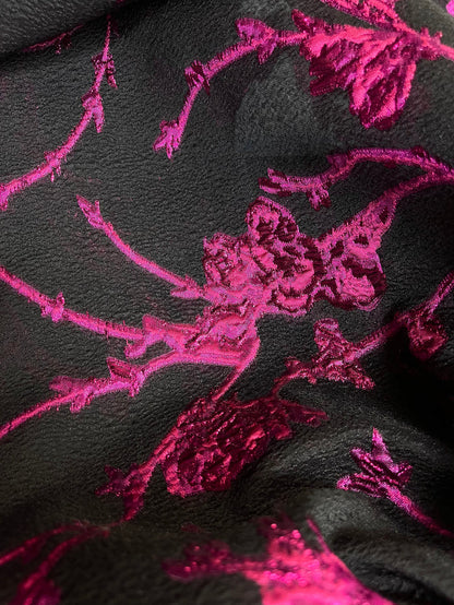 Designer Italian Floral Textured Brocade - Black & Fushia Lurex