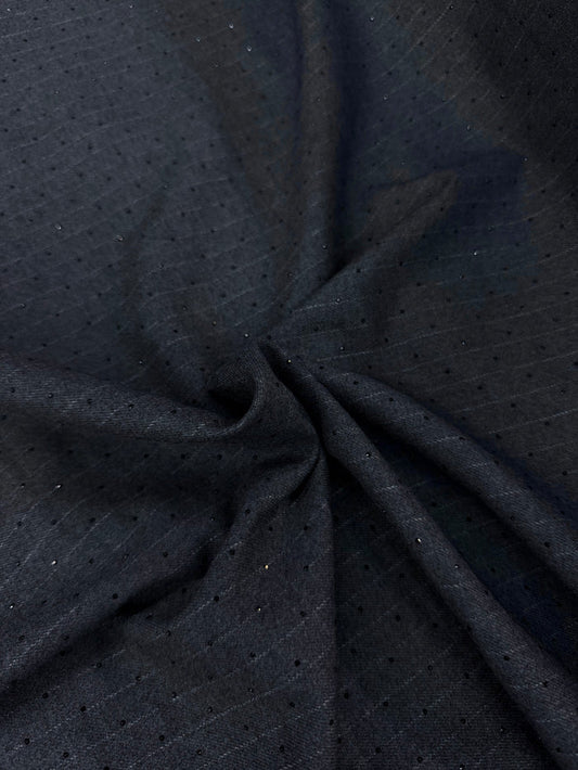 Italian Flannel Poly Rayon Suiting - Navy Pinstripe Rhinestone
