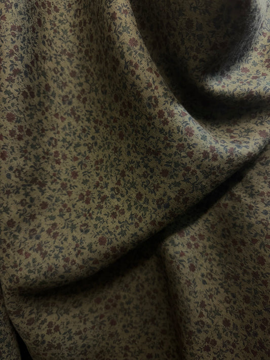 Floral Printed Linen - Olive Green & Dark Red