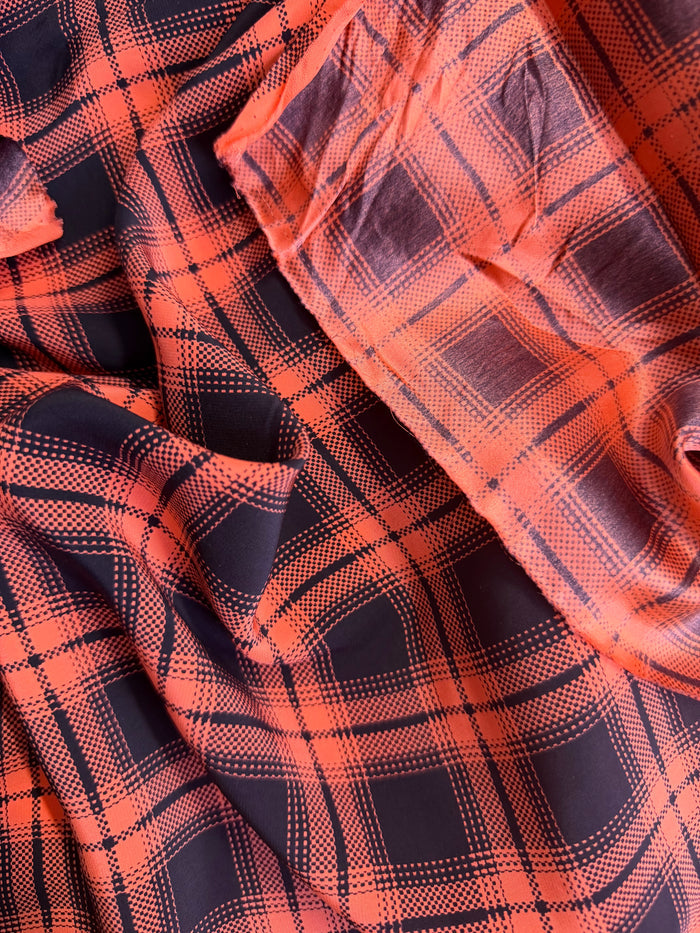 Matte Printed Silk Charmeuse - Plaid - Salmon & Black