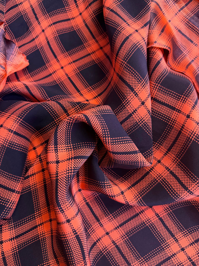 Matte Printed Silk Charmeuse - Plaid - Salmon & Black