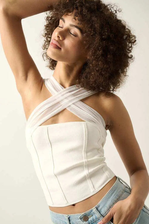 Shaper Fit Cross-Front Rib-Knit Corset Top