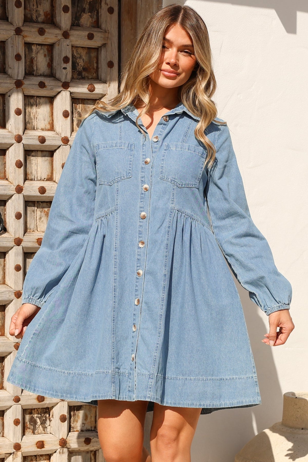 Gerri Mini Dress - Wing Collar Button Down Smock Denim Dress in Mid Denim Wash