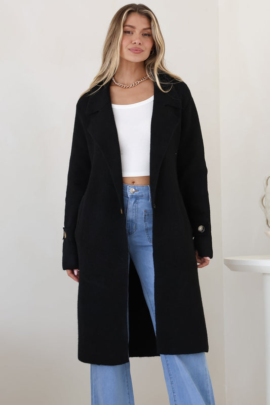 Griffin Cardigan - Collared Button Closure Coatigan with Pockets in Black
