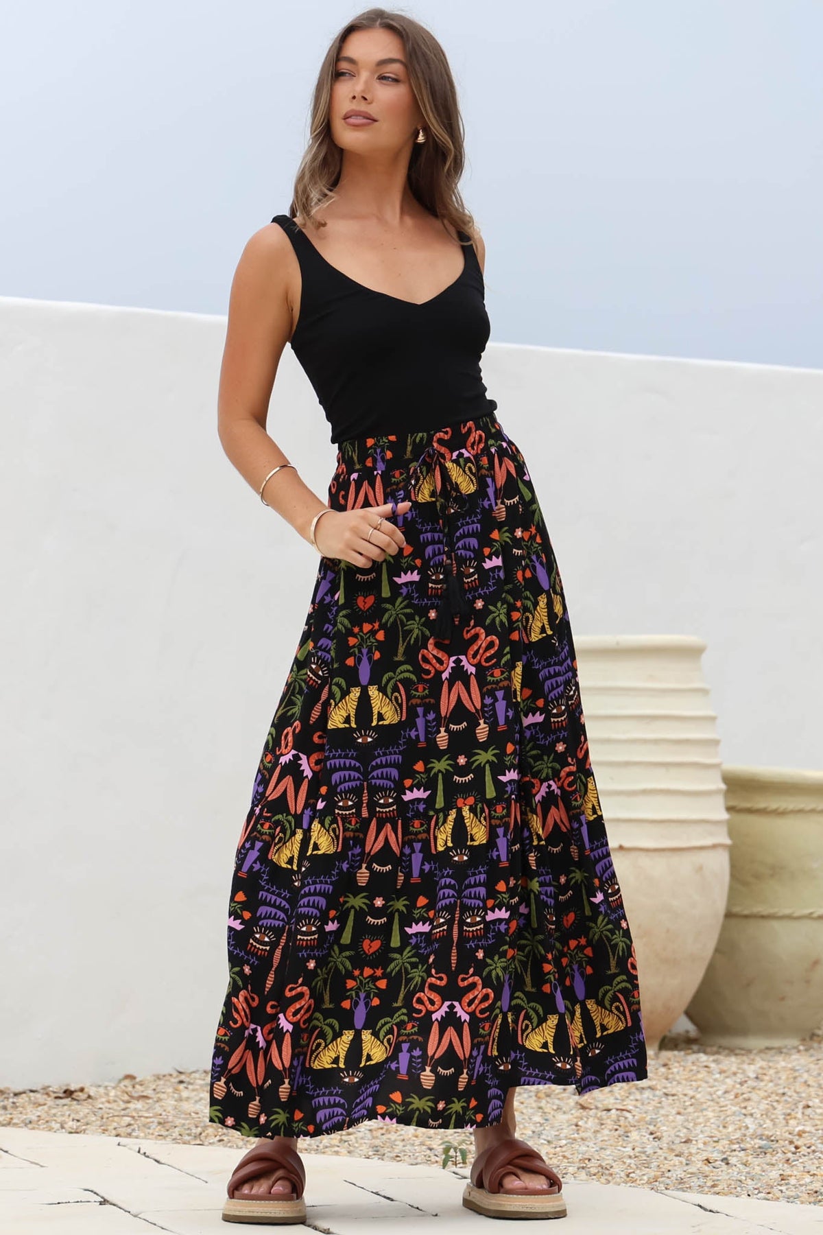 Hellen Maxi Skirt - High Waisted Skirt with Front Splits in Ayla Print Black