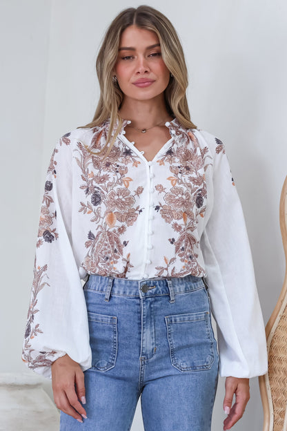 Hilary Blouse - Mandarin Collar Linen Button Down with Balloon Sleeves in Gemma Print Coffee