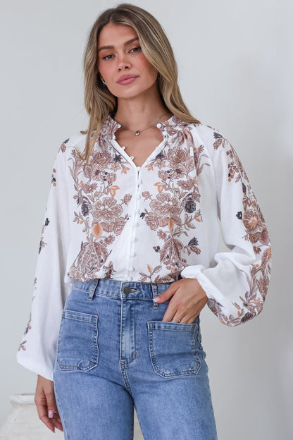 Hilary Blouse - Mandarin Collar Linen Button Down with Balloon Sleeves in Gemma Print Coffee