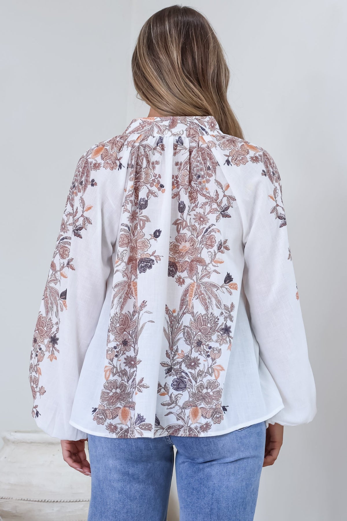 Hilary Blouse - Mandarin Collar Linen Button Down with Balloon Sleeves in Gemma Print Coffee