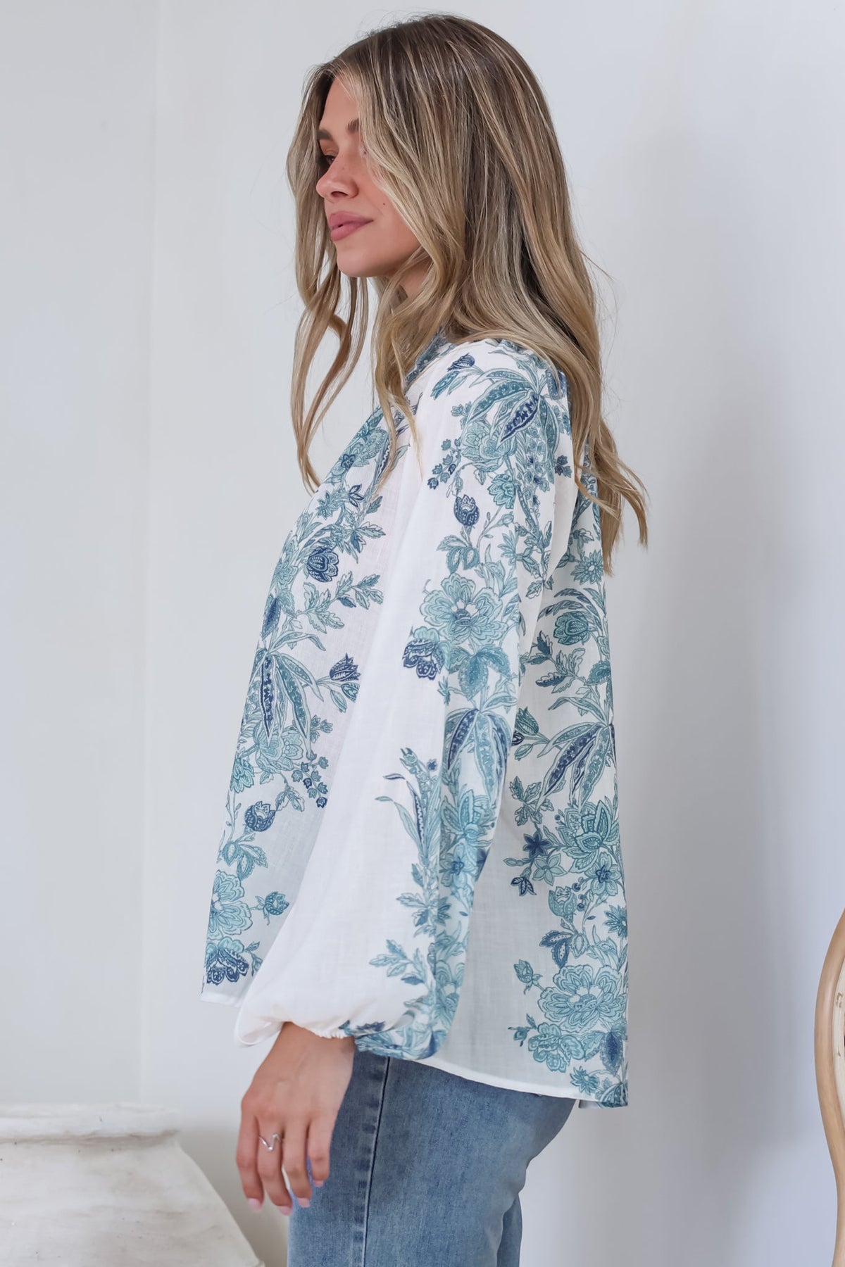 Hilary Blouse - Mandarin Collar Linen Button Down with Balloon Sleeves in Gemma Print Blue