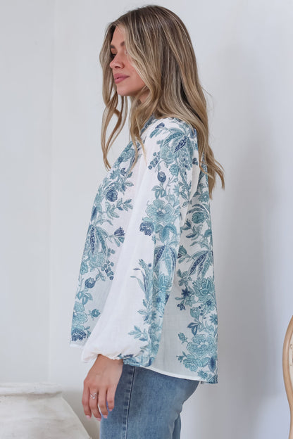Hilary Blouse - Mandarin Collar Linen Button Down with Balloon Sleeves in Gemma Print Blue