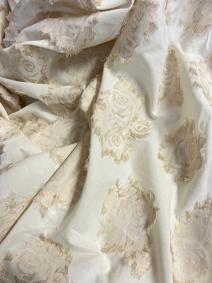 Italian Woven Floral Cotton - Ivory & Beige