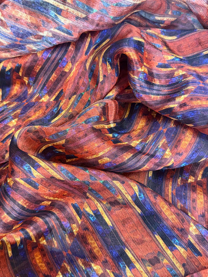 Crinkled Rayon Chiffon - Geometric Digital Print - Red, Yellow & Blue