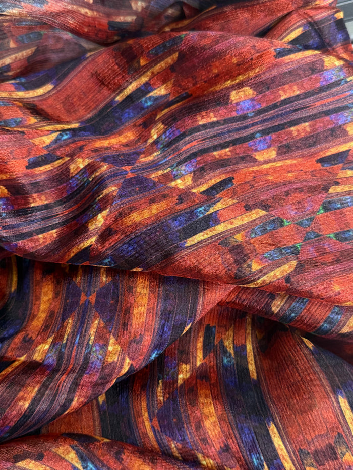 Crinkled Rayon Chiffon - Geometric Digital Print - Red, Yellow & Blue