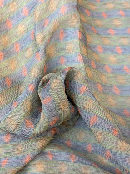 Crinkled Rayon Chiffon - Digital Print - Blue, Green & Coral