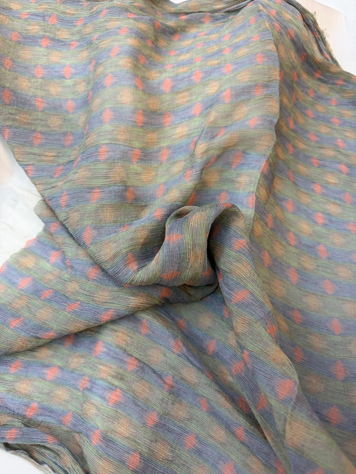 Crinkled Rayon Chiffon - Digital Print - Blue, Green & Coral