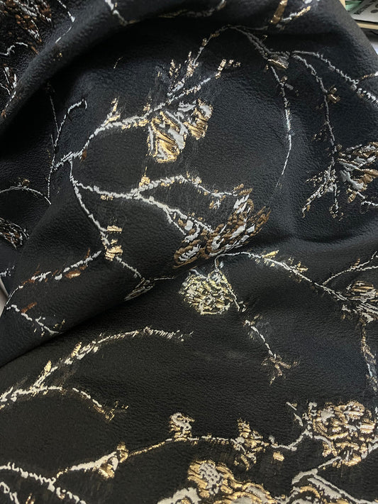 Designer Italian Floral Textured Brocade - Black, Gold & Grey