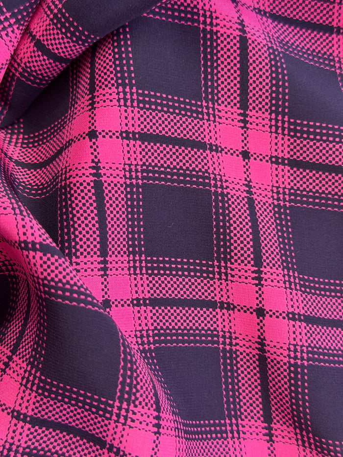 Matte Printed Silk Charmeuse - Plaid - Hot Pink & Black