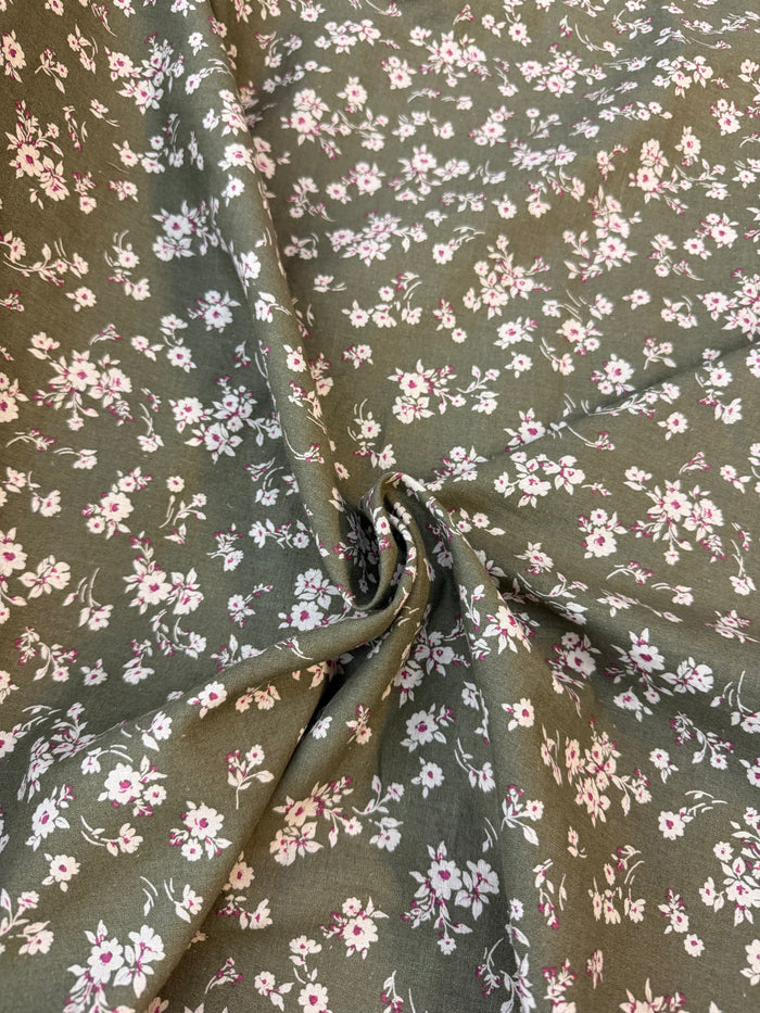 Ditsy Floral Printed Cotton - Olive Green, Ivory & Peach