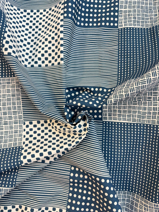 Cotton Shirting - Patchwork Print - White & Teal
